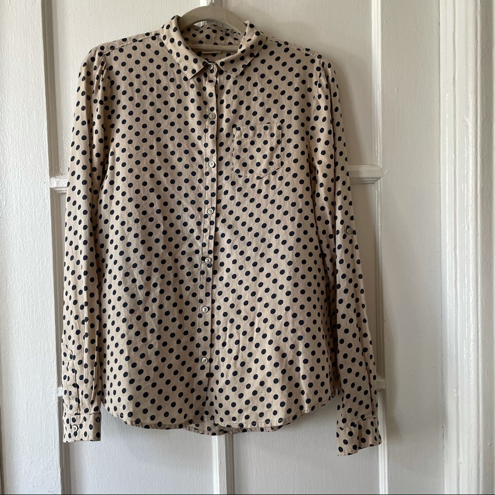 Beige and navy polka dot cotton button up blouse